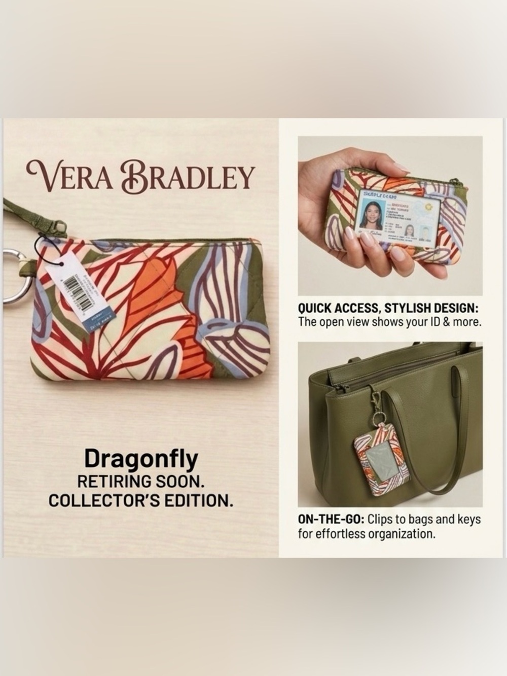 Vera Bradley Dragonfly Print Floral Print Key & ID Card Holder Case NEW Giftable - Picture 2 of 6